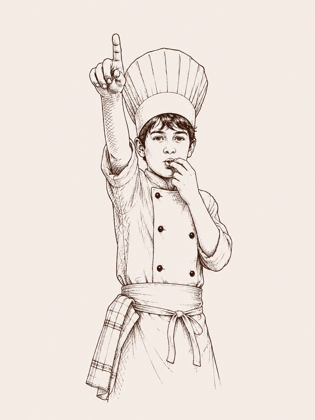 Illustration of a young chef in a tall hat tasting his sauce
